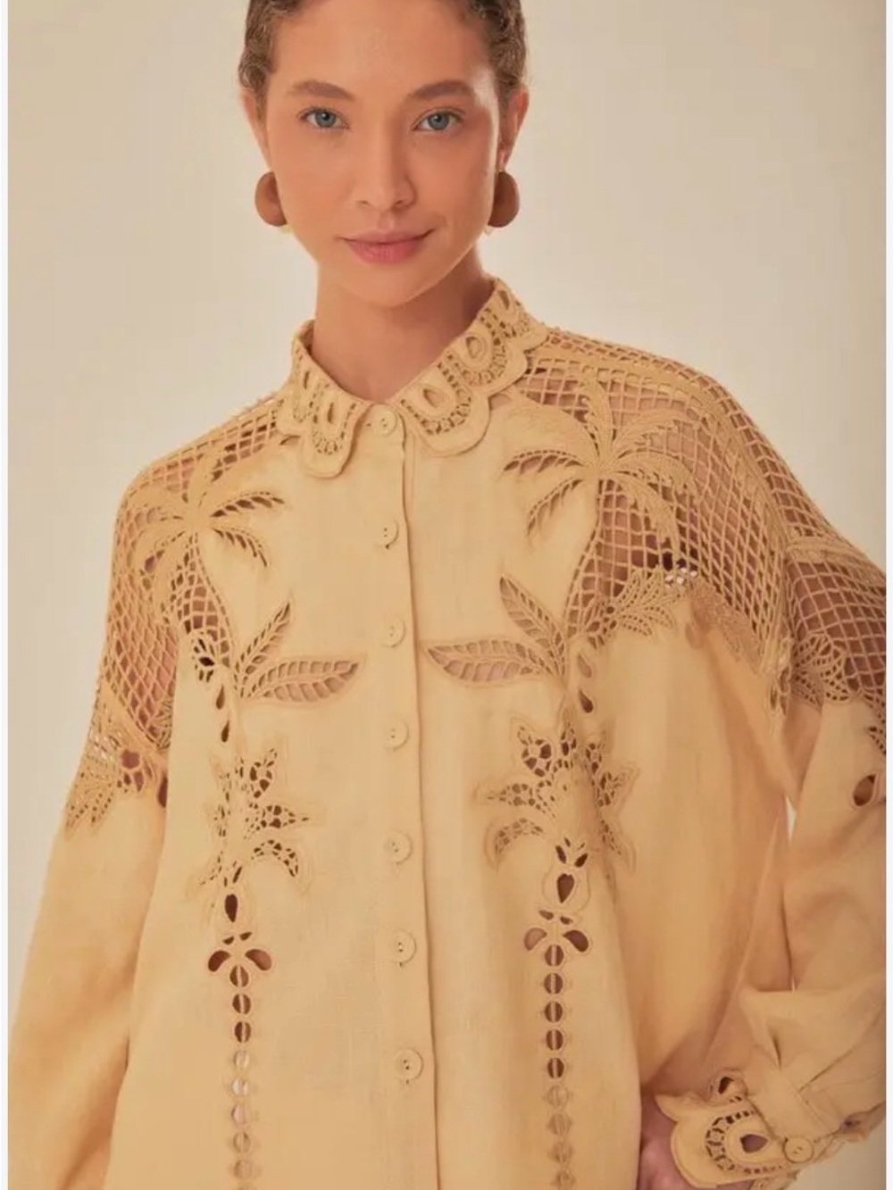FARM Rio Palms Richelieu linen Cutwork Button-Front shirt in sand. - Picture 2 of 8
